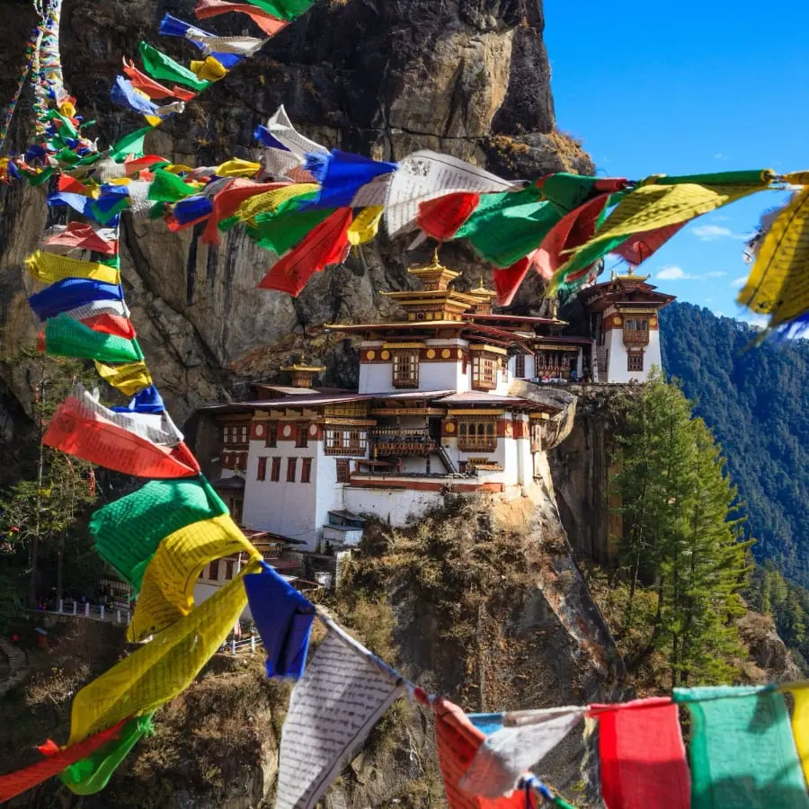 Prayer flags with vibrant colors at a Buddhist temple